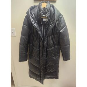 Abercrombie & Fitch Ultra Long Puffer Parka Black Vegan Leather Hooded Coat S